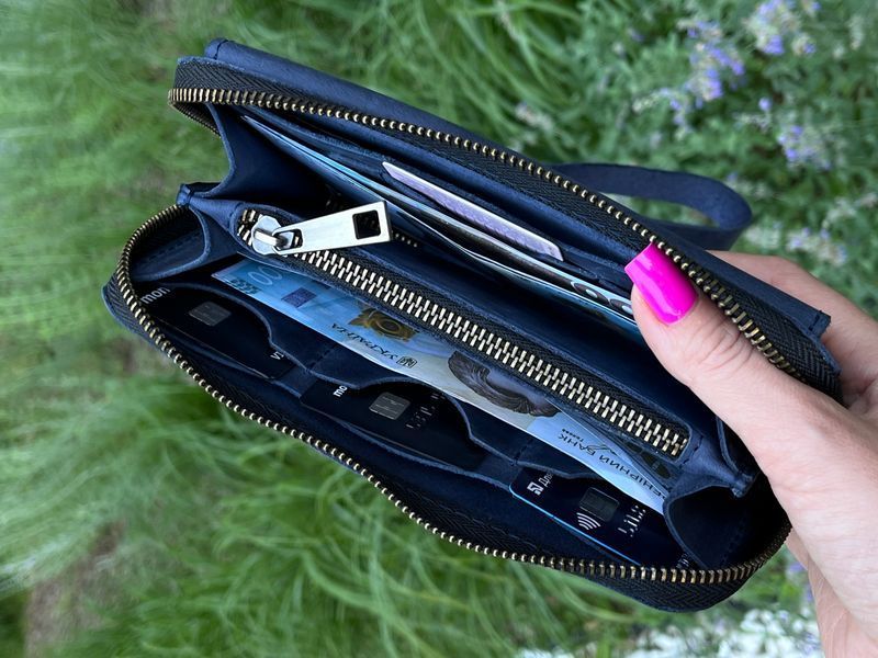 Шкіряний гаманець ручної роботи ZIPPER з додатковим відділенням (натуральна шкіра) у синьому кольорі з натуральної шкіри &mdash; фото виробу від майстерні Shiynik - Магазин шкіряних виробів